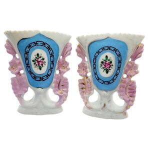 Pair of 2 Vintage Porcelaine Vases Bridal Wedding Victorian Hand Painted